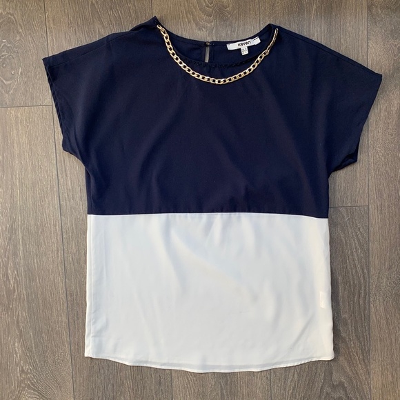 Koton Women’s Blouse Colorblock Gold Chain Short Sleeve Navy White Size 2 - Picture 4 of 12